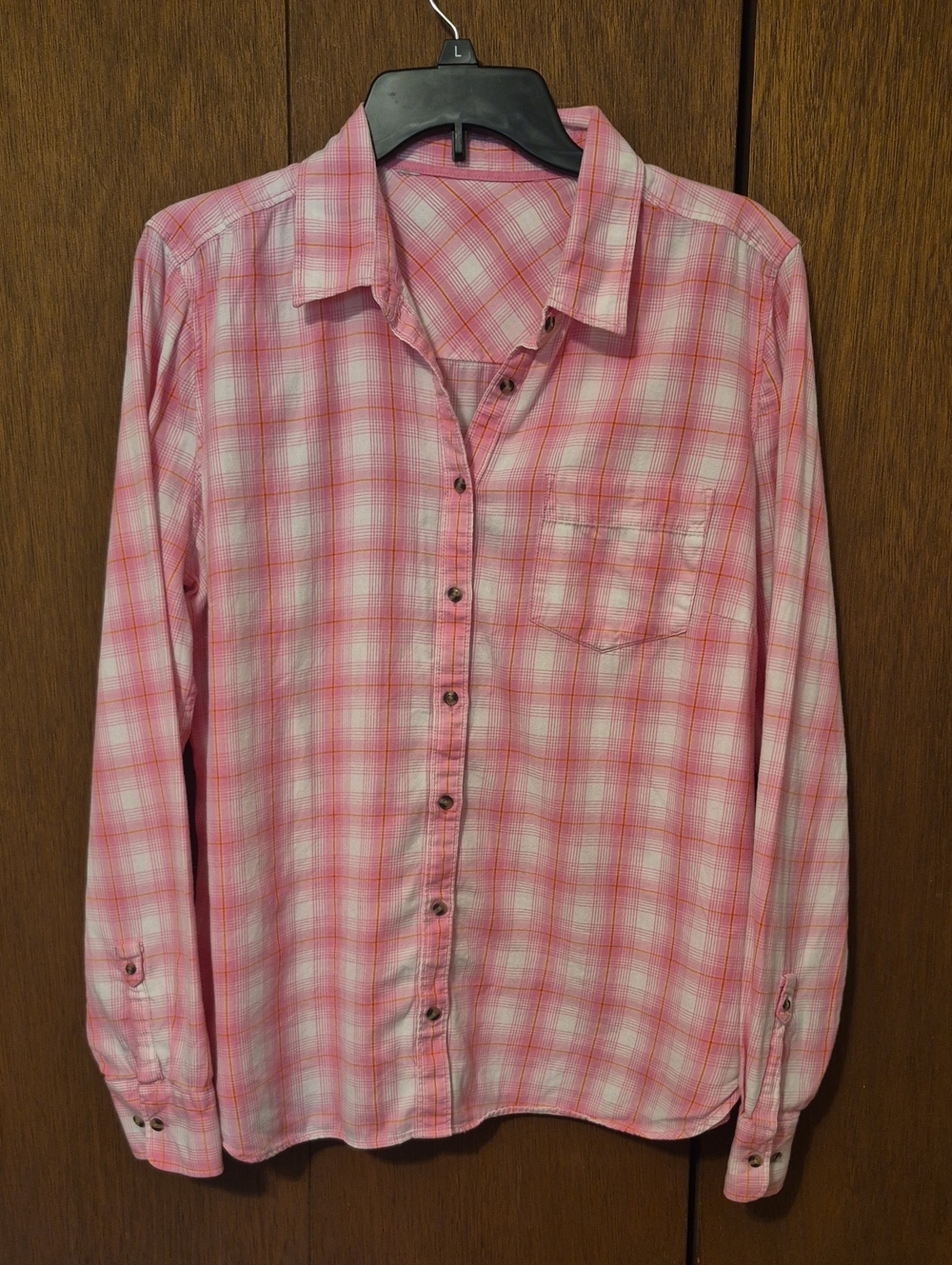 Womens Pink Plaid Long-Sleeve Button-Up Shirt SZ L